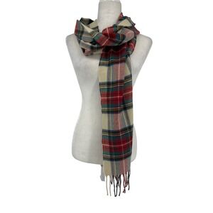 D&Y Softer Than Cashmere Plaid Scarf Mens Red Cream Tartan‎ Fringe Wrap 66x12